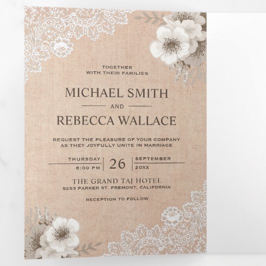 Rustiek Land Burlap Lace Ivoor Bloemen Bruiloft Drieluik Uitnodiging (Binnenzijde eerst)