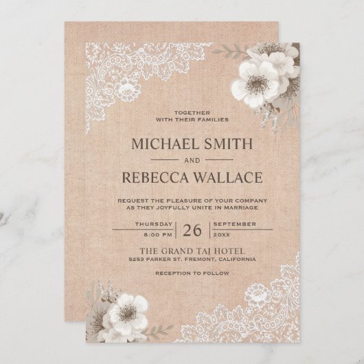 Rustiek Land Burlap Lace Ivoor Bloemen Bruiloft Kaart (Voorkant / Achterkant)