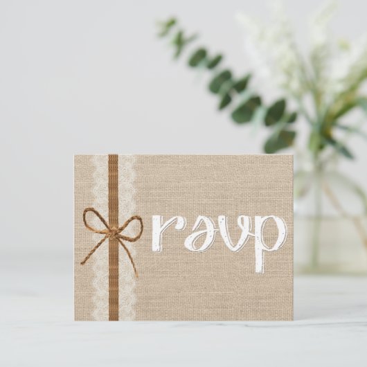 Rustiek Land Burlap Twine Bruiloft RSVP Kaart (Staand voorkant)
