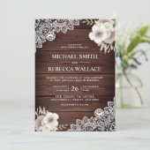 Rustiek Land Chique Houten Kant Ivoor Bloemen Brui Kaart (Staand voorkant)