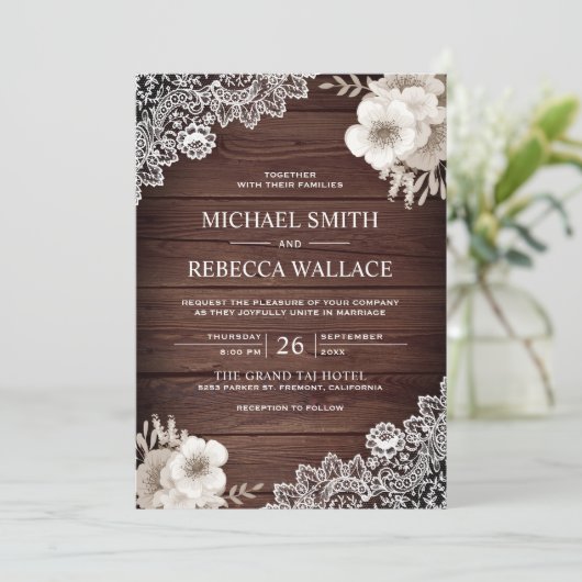 Rustiek Land Chique Houten Kant Ivoor Bloemen Brui Kaart (Staand voorkant)