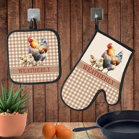 Rustiek land controleert kip monogram | Naam Ovenwant & Pannenlap Set