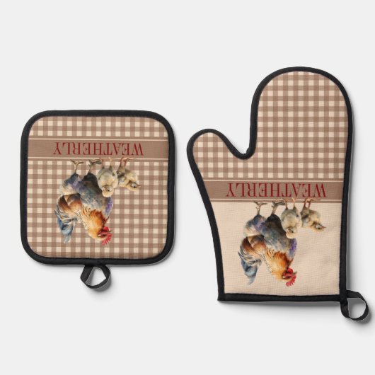 Rustiek land controleert kip monogram | Naam Ovenwant & Pannenlap Set (Voorkant)