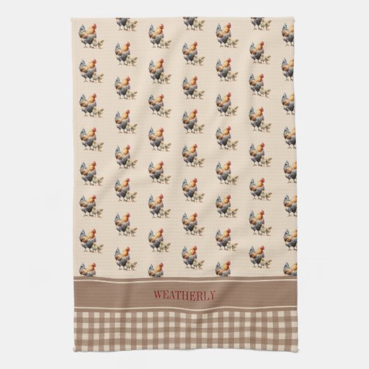 Rustiek land controleert kip monogram | Naam Theedoek (Verticaal)