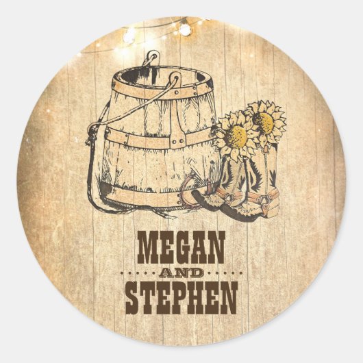 Rustiek Land Cowboy laarzen Schuur Lichten Bruilof Ronde Sticker (Voorkant)