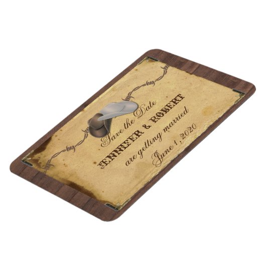 Rustiek Land Cowboy Petten Bruiloft Save the Date Magneet (Linkerzijde)
