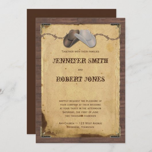 Rustiek Land Cowboy Petten Bruiloft Uitnodiging (Voorkant / Achterkant)