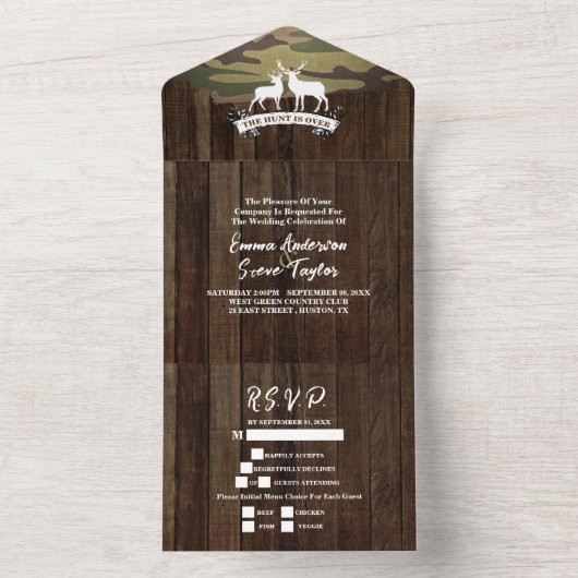 Rustiek land De jacht is over camouflage bruiloft All In One Uitnodiging (Binnen)