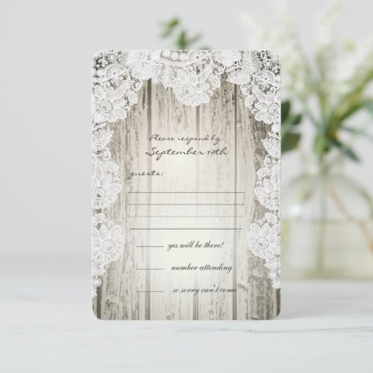 Rustiek Land Faux Kant Barnwood Bruiloft RSVP (Staand voorkant)