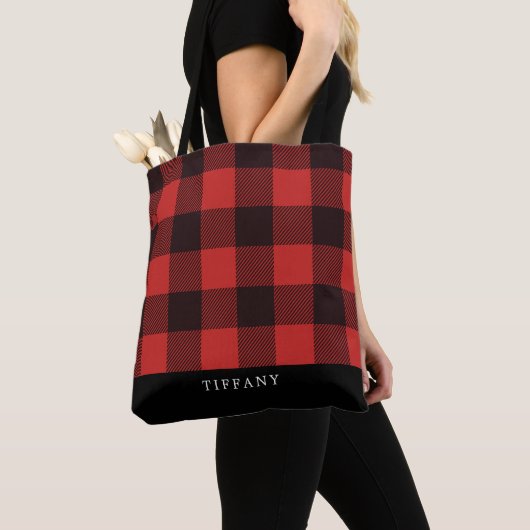 Rustiek Land Flanel Monogram Plaid Patroon Tote Bag (Dichtbij)