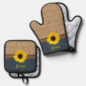 Rustiek land gesimuleerde burlap denim zonnebloem ovenwant & pannenlap set (Voorkant / Achterkant)