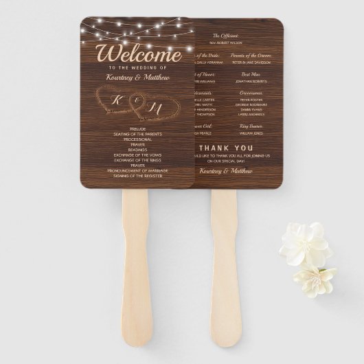 Rustiek land gesneden hout hart bruiloft programma handwaaier (Voorkant en achterkant)