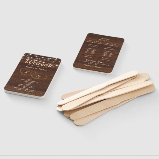 Rustiek land gesneden hout hart bruiloft programma handwaaier (Niet-gemonteerd)