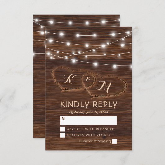 Rustiek Land Gesneden Hout Hart Bruiloft RSVP (Voorkant / Achterkant)