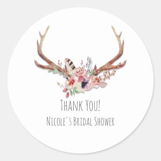Rustiek Land Glam Bloemen & Antlers Boho Favor Ronde Sticker (Voorkant)