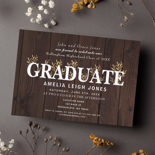Rustiek Land Gold Leaf Graduation Party Kaart