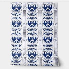 Rustiek Land Haan en Schuur Patroon Blauw Wit Behang