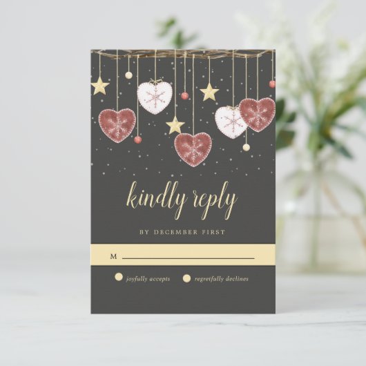 Rustiek Land Hart en Sneeuwvlok Bruiloft RSVP Kaartje (Staand voorkant)