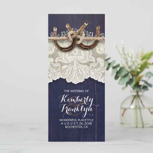 Rustiek Land Hoefijzer Kant Navy Bruiloft Programm Programmakaart (Staand voorkant)
