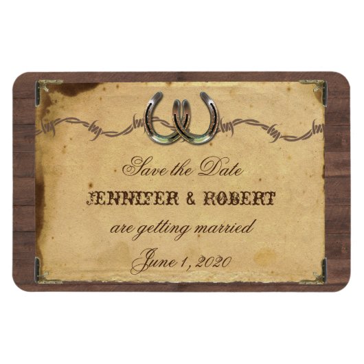 Rustiek Land Hoefijzers Bruiloft Save the Date Magneet (Horizontaal)