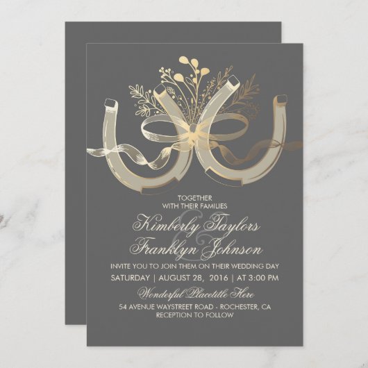 Rustiek Land Hoefijzers Goud en Grijs Bruiloft Kaart (Voorkant / Achterkant)