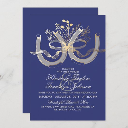 Rustiek Land Hoefijzers Goud en Navy Bruiloft Kaart (Voorkant / Achterkant)