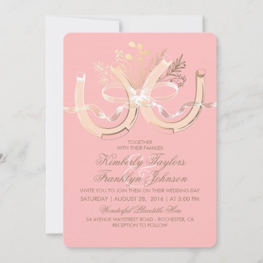 Rustiek Land Hoefijzers Goud en Roze Bruiloft Kaart (Voorkant)