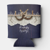 Rustiek Land Hoefijzers Kant Hout Navy Bruiloft Blikjeskoeler (Achterkant)