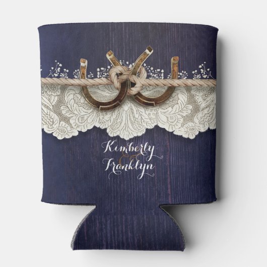 Rustiek Land Hoefijzers Kant Hout Navy Bruiloft Blikjeskoeler (Achterkant)