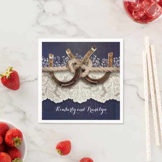 Rustiek Land Hoefijzers Kant Hout Navy Bruiloft Servetten (Insitu)