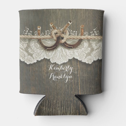 Rustiek Land Hoefijzers Kant Houten Bruiloft Blikjeskoeler (Voorkant)