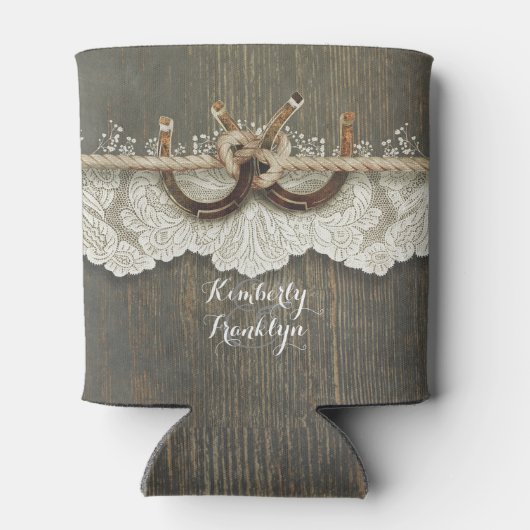 Rustiek Land Hoefijzers Kant Houten Bruiloft Blikjeskoeler (Achterkant)