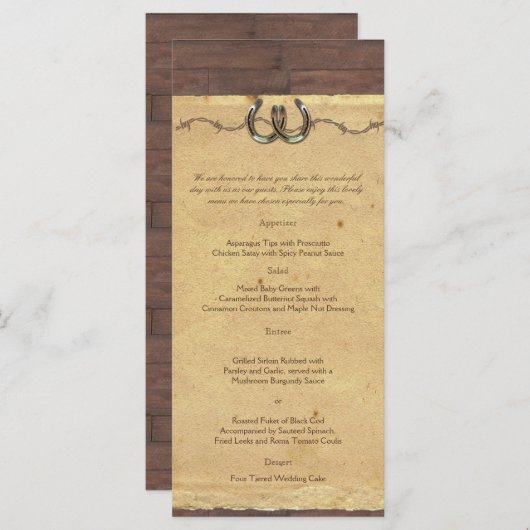 Rustiek Land Hoefijzers Prikkeldraad Bruiloft Menu (Voorkant / Achterkant)