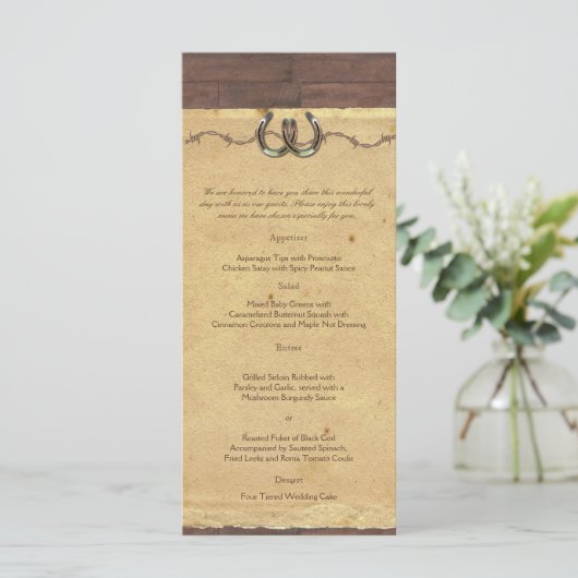 Rustiek Land Hoefijzers Prikkeldraad Bruiloft Menu (Staand voorkant)