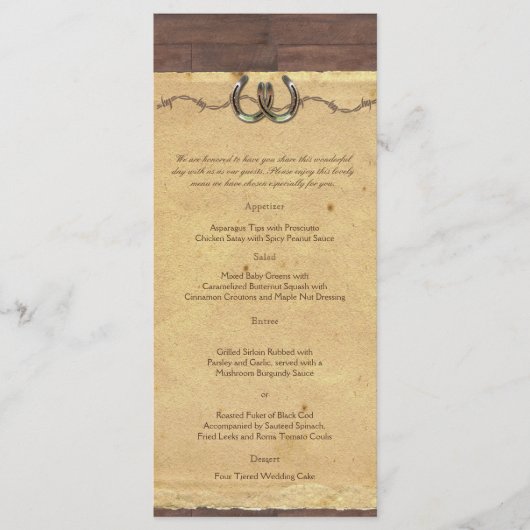 Rustiek Land Hoefijzers Prikkeldraad Bruiloft Menu (Voorkant)
