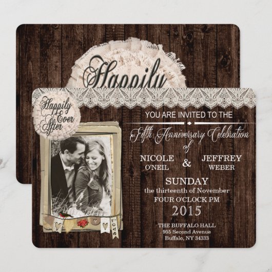 Rustiek land hout 5 jaar Jubileum uitnodiging (Voorkant / Achterkant)