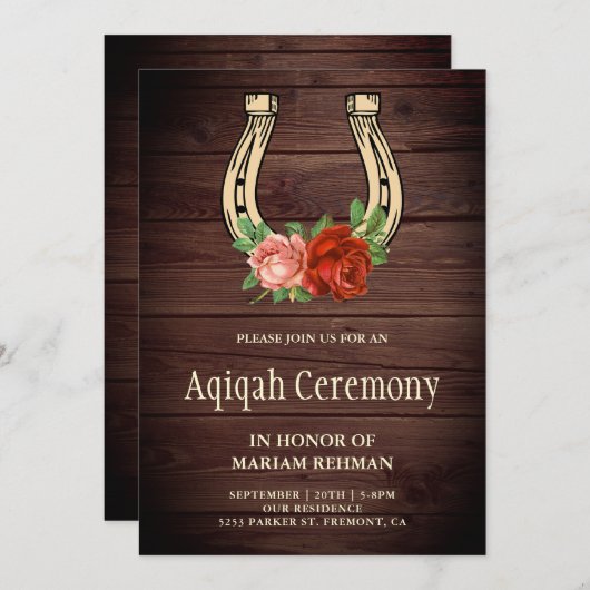 Rustiek Land Hout Bloemen Hoefijzer Aqiqah Kaart (Voorkant / Achterkant)