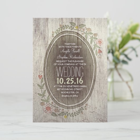 Rustiek Land Hout Bloemen Uitnodiging bruiloft (Staand voorkant)