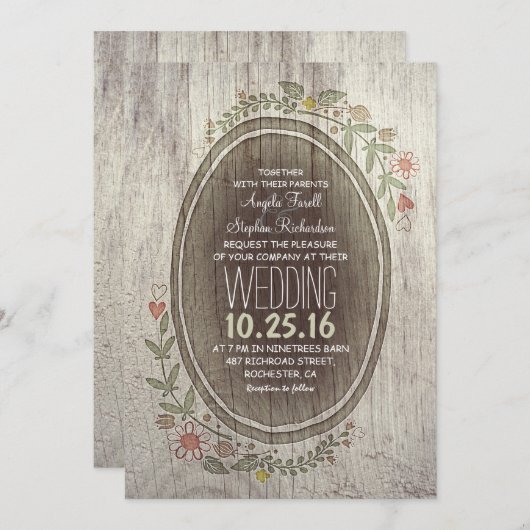 Rustiek Land Hout Bloemen Uitnodiging bruiloft (Voorkant / Achterkant)