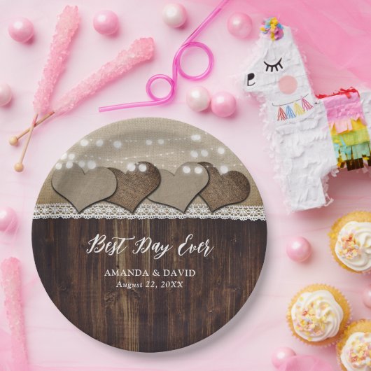 Rustiek Land Hout Burlap en Kant Bruiloft Papieren Bordje (Feest)