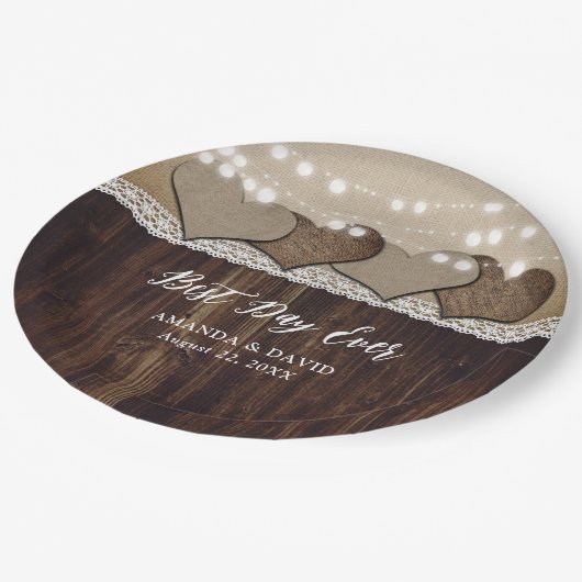 Rustiek Land Hout Burlap en Kant Bruiloft Papieren Bordje (Gekanteld)