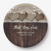 Rustiek Land Hout Burlap en Kant Bruiloft Papieren Bordje (Voorkant)