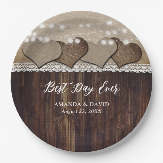 Rustiek Land Hout Burlap en Kant Bruiloft Papieren Bordje (Voorkant)