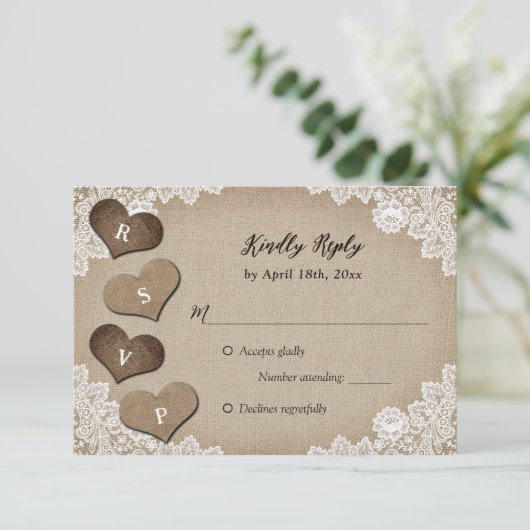 Rustiek Land Hout Burlap Kant Bruiloft RSVP (Staand voorkant)