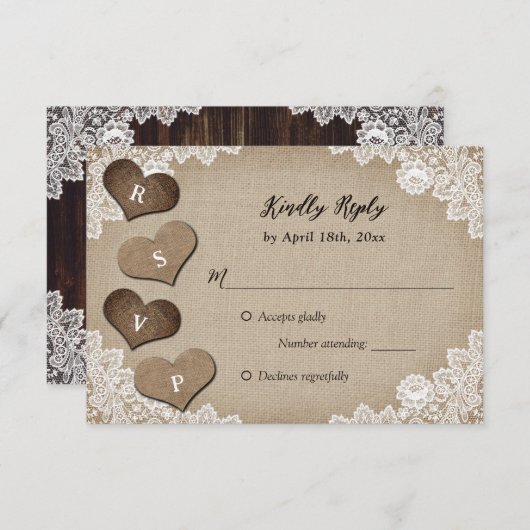 Rustiek Land Hout Burlap Kant Bruiloft RSVP (Voorkant / Achterkant)