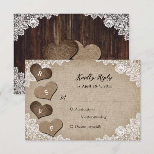 Rustiek Land Hout Burlap Kant Bruiloft RSVP Kaartje (Voorkant / Achterkant)