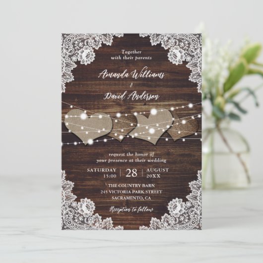 Rustiek Land Hout Burlap Kant Bruiloft Uitnodiging (Staand voorkant)