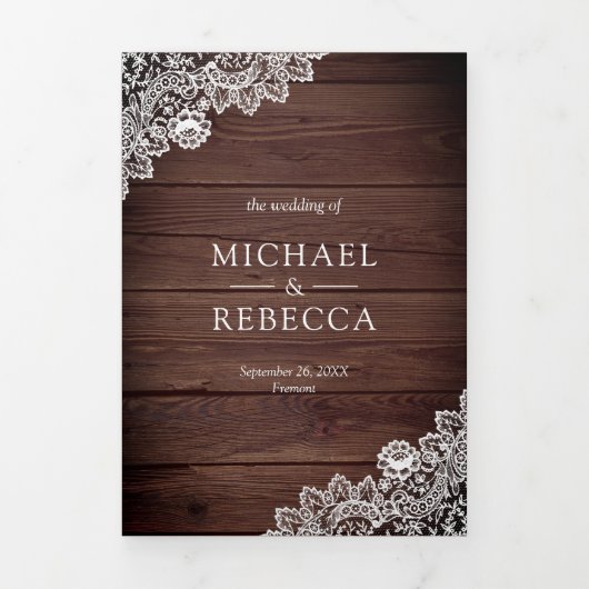 Rustiek Land Hout Kant Bruiloft Foto Drieluik Uitnodiging (Cover)