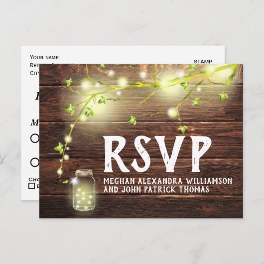 Rustiek Land Hout Mason Jar String Lights RSVP Briefkaart (Voorkant / Achterkant)