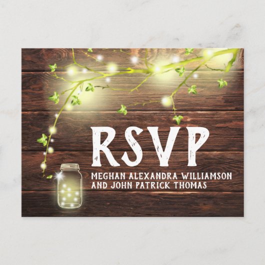 Rustiek Land Hout Mason Jar String Lights RSVP Briefkaart (Voorkant)